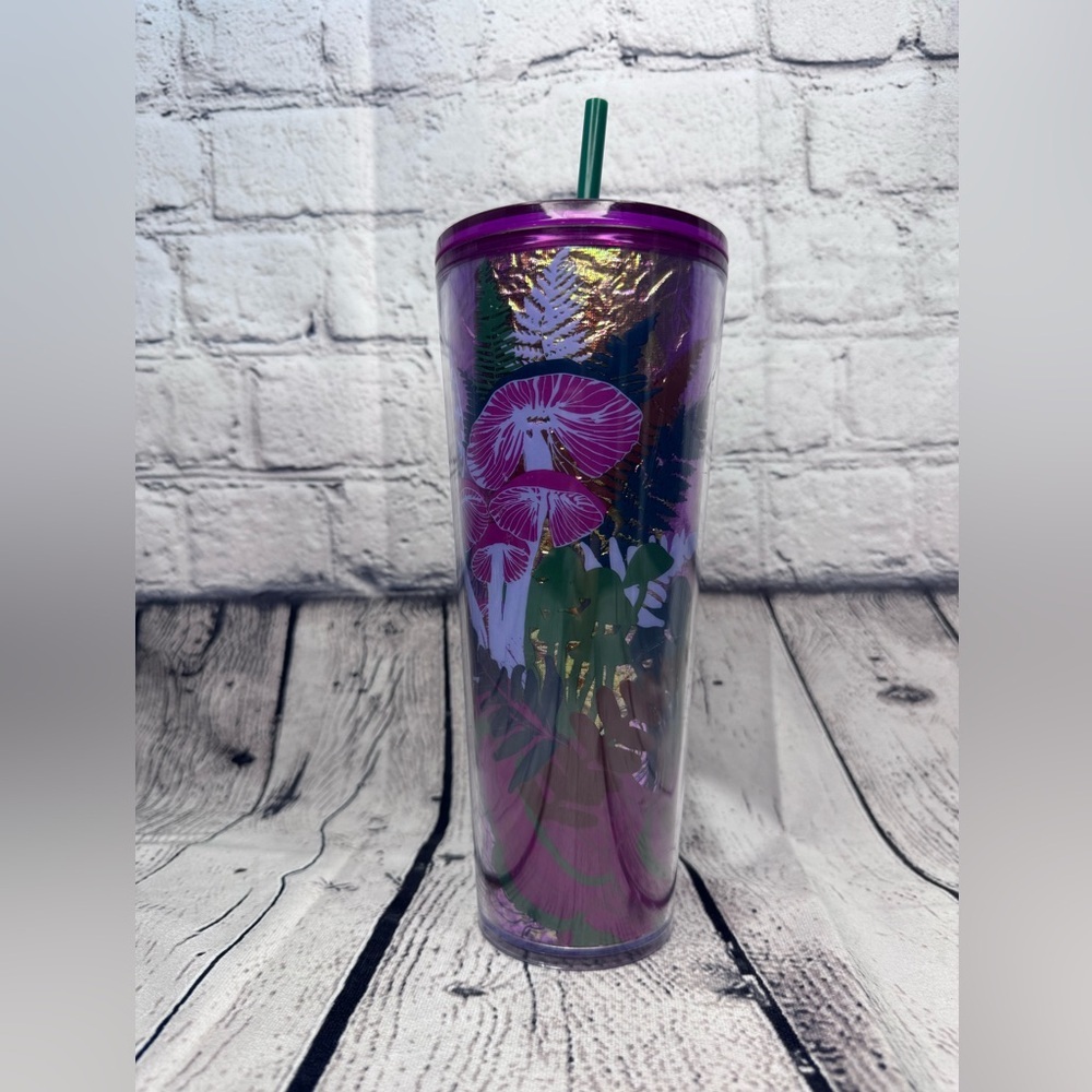 Starbucks Purple and Green Iridescent Foil Mushroom Tumbler with Straw